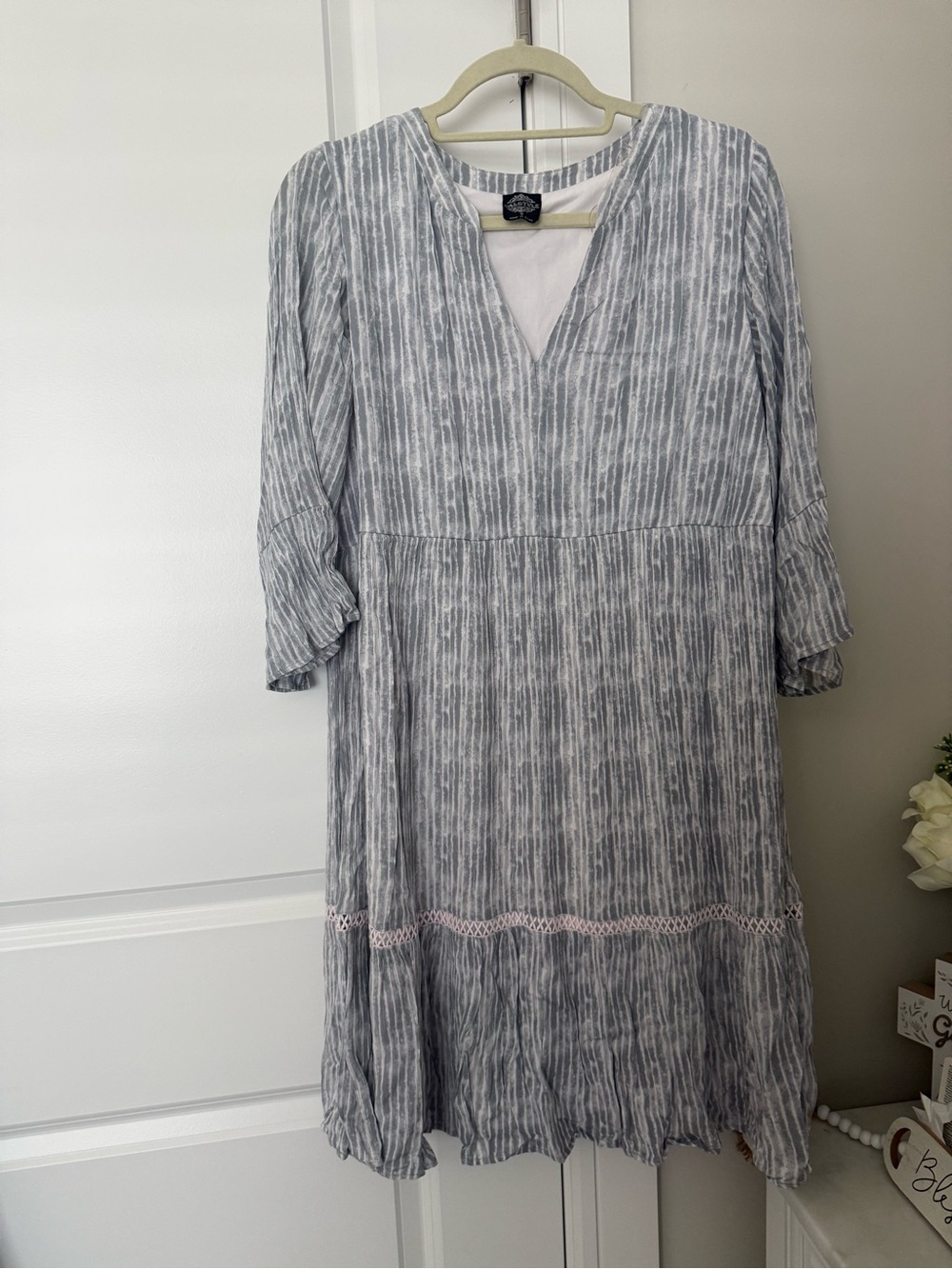 Light Gray Striped Midi Dress with Crochet Trim